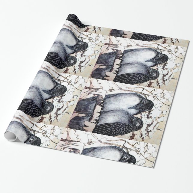 WINTER LOVE BIRDS IN SNOW Black and White Drawing Wrapping Paper (Unrolled)
