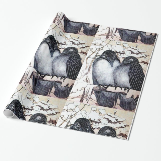 WINTER LOVE BIRDS IN SNOW Black and White Drawing Wrapping Paper (Unrolled)