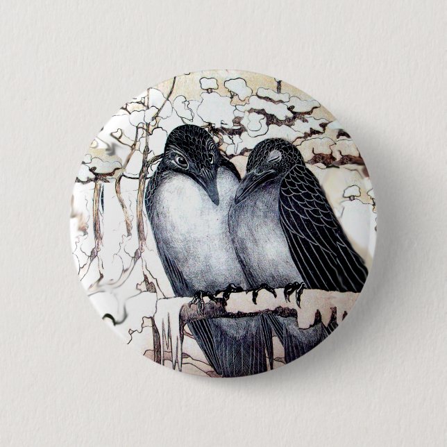 WINTER LOVE BIRDS IN SNOW Black White 6 Cm Round Badge (Front)