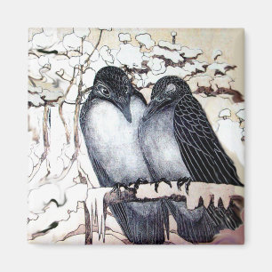 WINTER LOVE BIRDS IN SNOW Black White Magnet