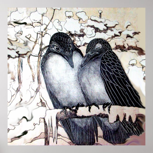 WINTER LOVE BIRDS IN SNOW Black White Poster (Front)
