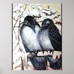 WINTER LOVE BIRDS IN SNOW Black White Poster