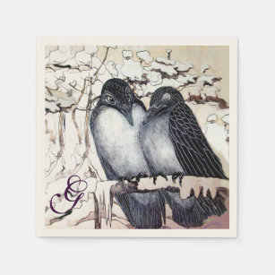 WINTER LOVE BIRDS IN SNOW MONOGRAM Black White Napkin