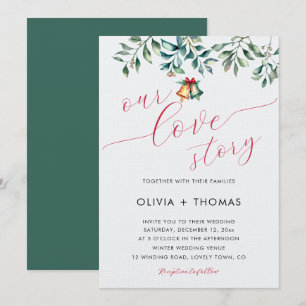 Winter Love Story Mistletoe Christmas Bell Wedding Invitation