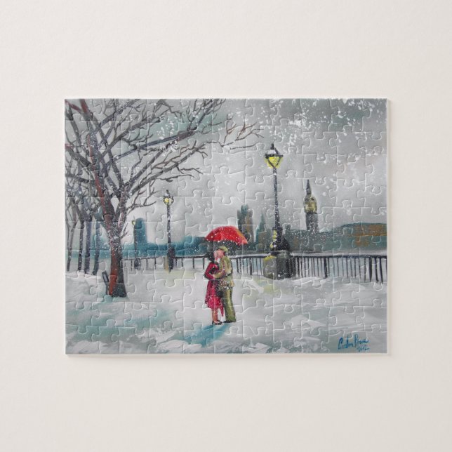 Winter lovers snow London Thames Big Ben painting Jigsaw Puzzle (Horizontal)