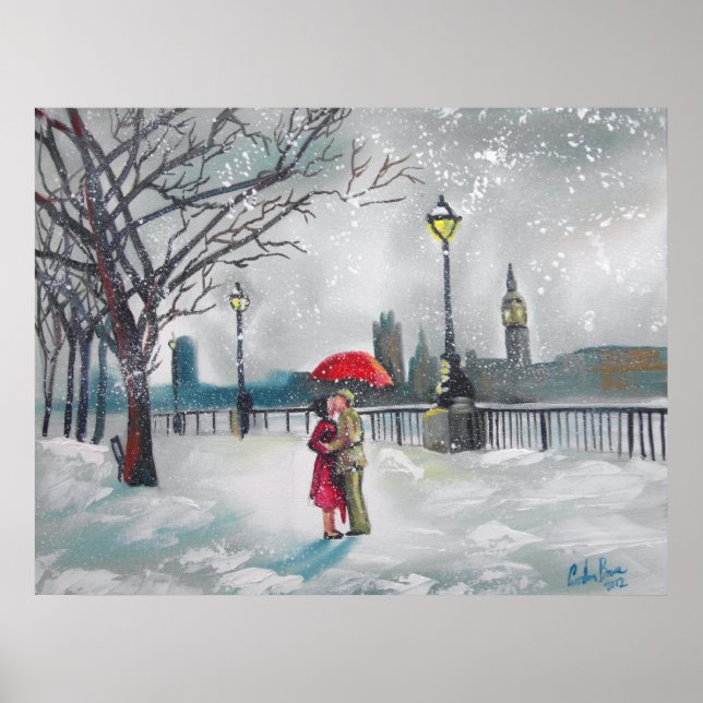 Winter lovers snow London Thames Big Ben painting Poster (Front)