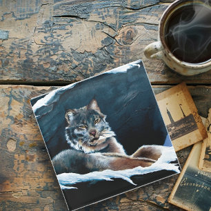 Winter Lynx Mountain  Glass Coaster