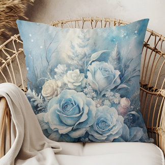 Winter Magic Blue Rose Floral Pillow