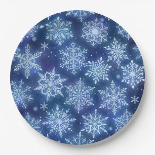 Winter Magic Snowflakes Deep Blue Sky Paper Plate