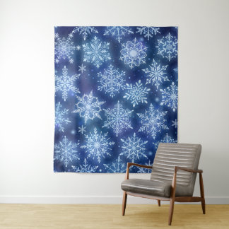 Winter Magic Snowflakes Deep Blue Sky Tapestry