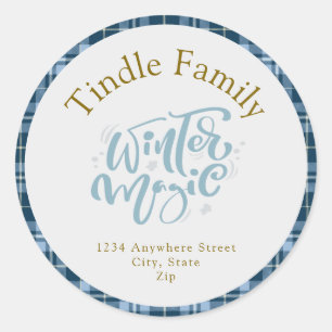 "Winter Magic" Vintage Blue Gingham Plaid Address Classic Round Sticker