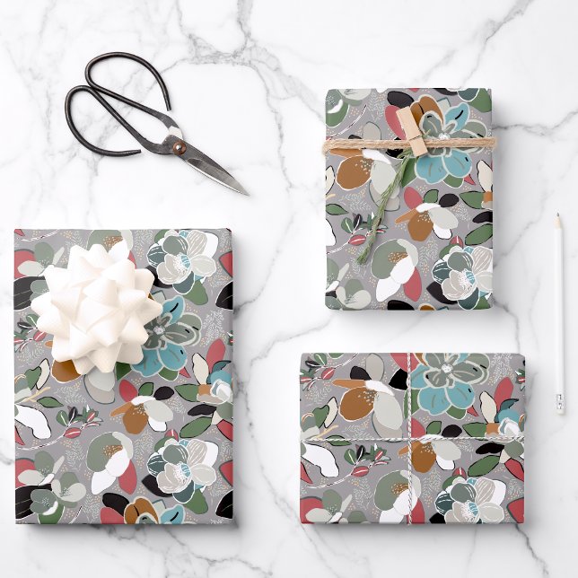 Winter Magnolia Floral Grey Black Wrapping Paper Sheet (Winter Magnolia Floral Gray Black Wrapping Paper Sheets from Studio Posies. )