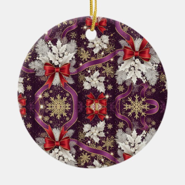 Winter Majesty — Gold Snowflakes & Scarlet Ribbons Ceramic Tree Decoration (Front)
