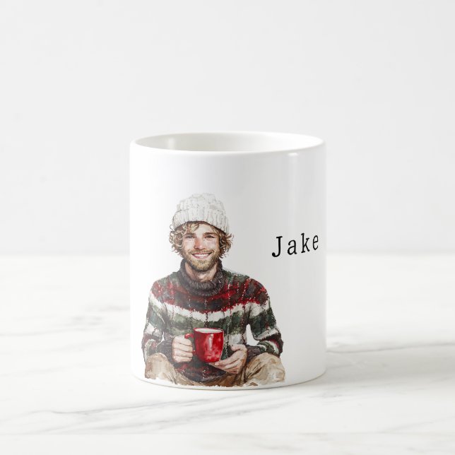 Winter Man with Beard White Hat Coffee Mug (Center)