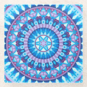 Winter Mandala Blue Snowflake Pattern Geometric Glass Coaster