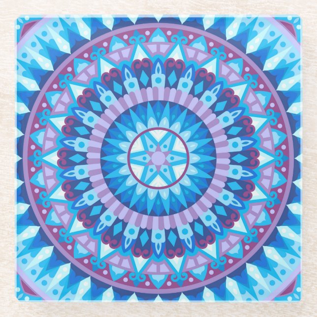 Winter Mandala Blue Snowflake Pattern Geometric Glass Coaster (Front)