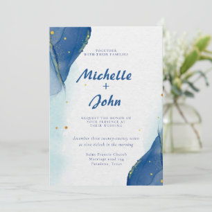 Winter Marble watercolor Gold Blue Wedding  Invitation
