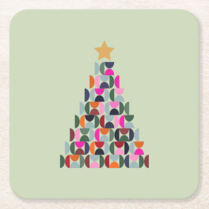 Winter Market 06 Christmas Tree Colourful Green Square Paper Coaster