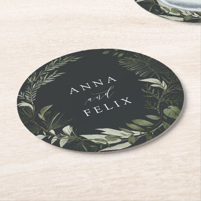 Winter Meadow Green Botanical Personalised Wedding Round Paper Coaster (Angled)