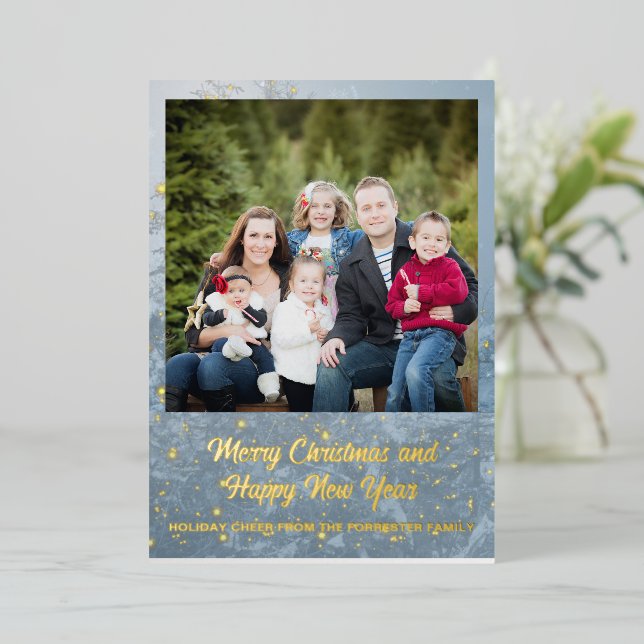 Winter Merry Christmas family Photo Foil Holiday Card (Standing Front)