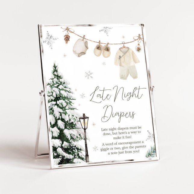 Winter Merry Little Baby Clothes Late Night Diaper Poster (Merry Little Winter Baby Clothes Baby Shower Late Night Diapers Sign)