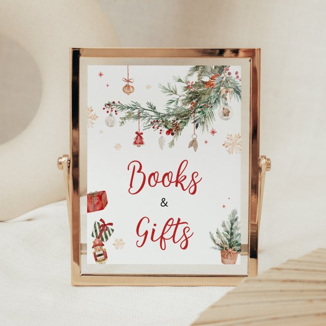 Winter Merry Little Christmas Books and Gifts Poster (Merry Little Winter Christmas Baby Shower Books and Gifts Sign)