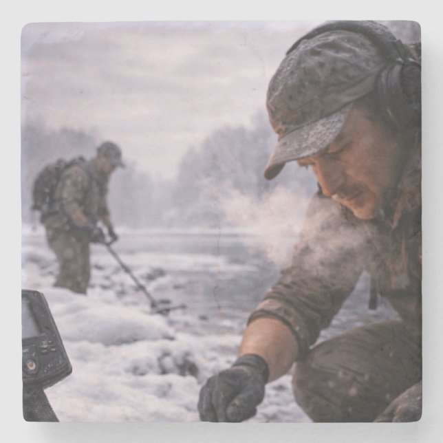 Winter Metal Detecting Long Sleeve Stone Coaster (Front)