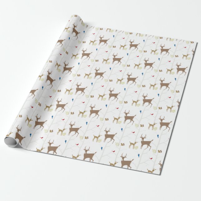 Winter Mid-Century Modern Animal Scene with Deer Wrapping Paper (Unrolled)