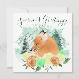 Winter Mint Fox Floral Seasons Greetings Holiday Card