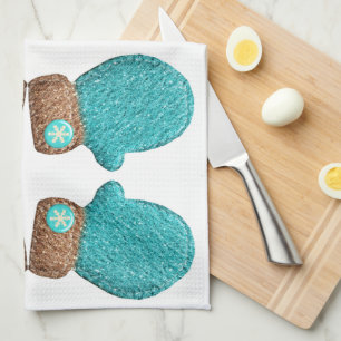 Winter mitten cute snowflake teal blue brown tea towel