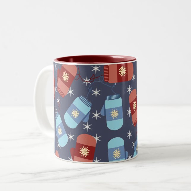 Winter Mittens and Stars Blue Pattern Two-Tone Coffee Mug (Front Left)