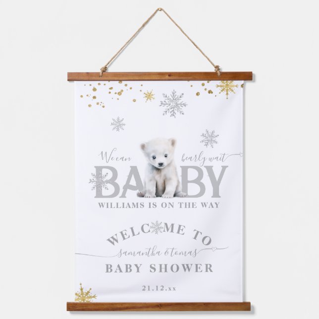 Winter Modern Bearly Wait Baby Shower Welcome Hanging Tapestry (Front)