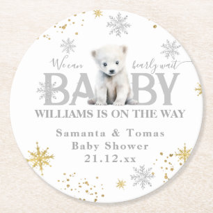Winter Modern Bearly Wait Baby Shower Welcome Round Paper Coaster