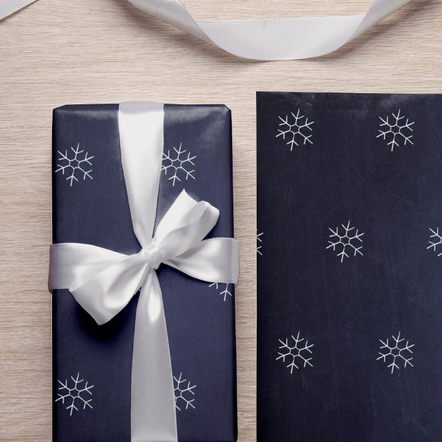 Winter Modern Elegant White Snowflakes on Navy Wrapping Paper (Creator Uploaded)