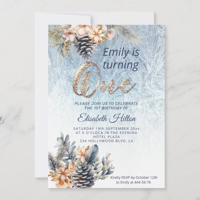 Winter modern frost floral  first birthday invitation (Front)