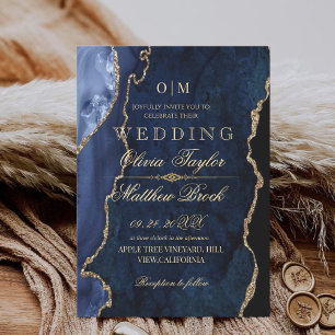 Winter Modern Moody Blue and Gold Agate Wedding Invitation