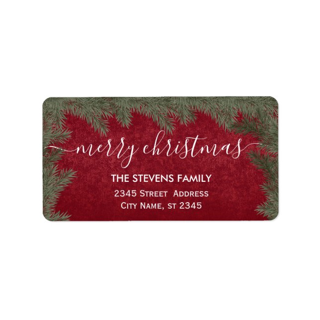 Winter modern pine branch script red Christmas Label (Front)