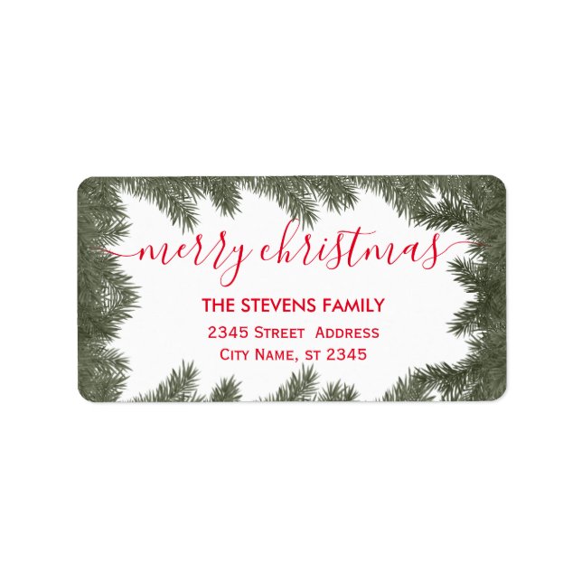 Winter modern pine branch script red Christmas Label (Front)
