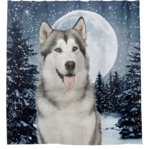 Winter Moon Husky Shower Curtain