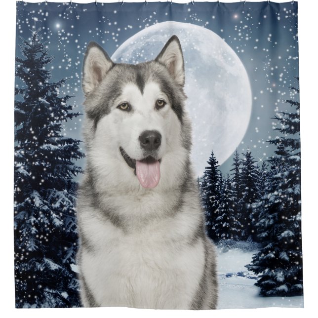 Winter Moon Husky Shower Curtain (Front)