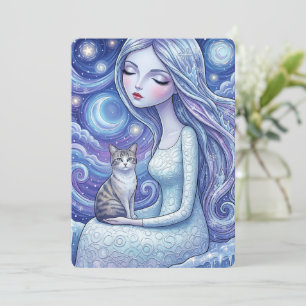 Winter Moon Maiden Silver Cat Fantasy Art Card