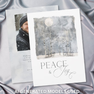Winter Moon Peace and Joy Watercolor Photo Holiday Card