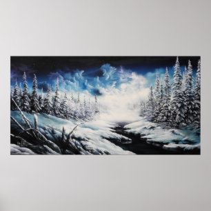 Winter Moon snow scene canvas painting for sale Poster
