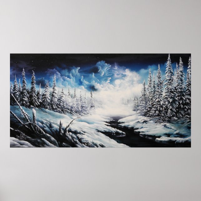 Winter Moon snow scene canvas painting for sale Poster (Front)