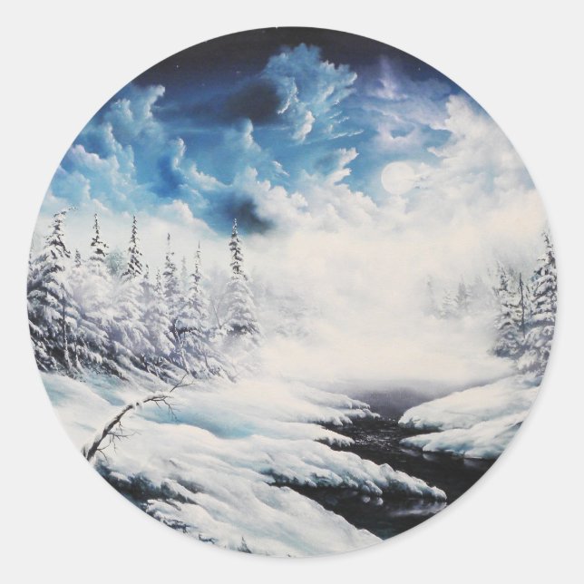 Winter Moon snow scene on customisable products Classic Round Sticker (Front)