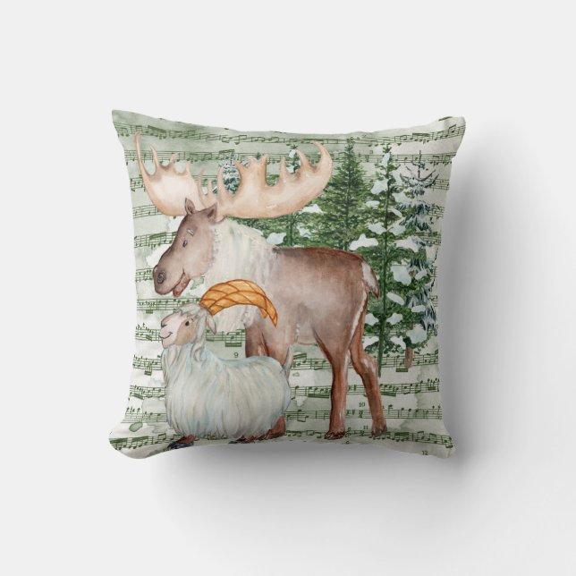 Winter Moose and Goat Cushion (Front)
