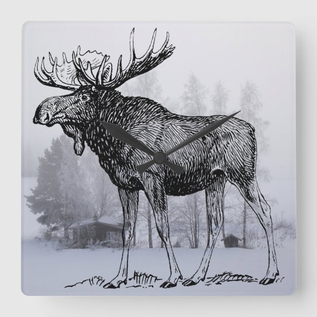 Winter Moose Square Wall Clock (Front)