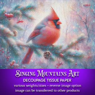 Winter Morning Cardinal In Fir Tree Decoupage Tissue Paper