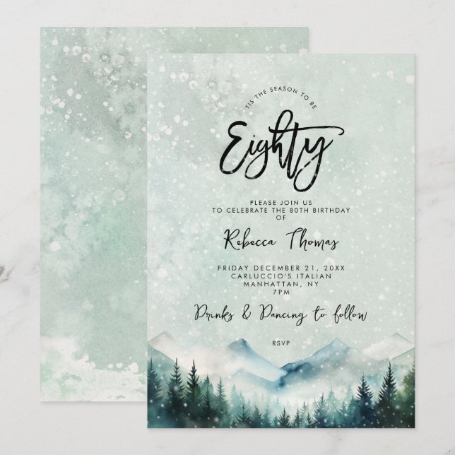 winter mountain 80th birthday invitation (Front/Back)