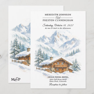 Winter Mountain Chalet Watercolor Snowy Wedding  Invitation